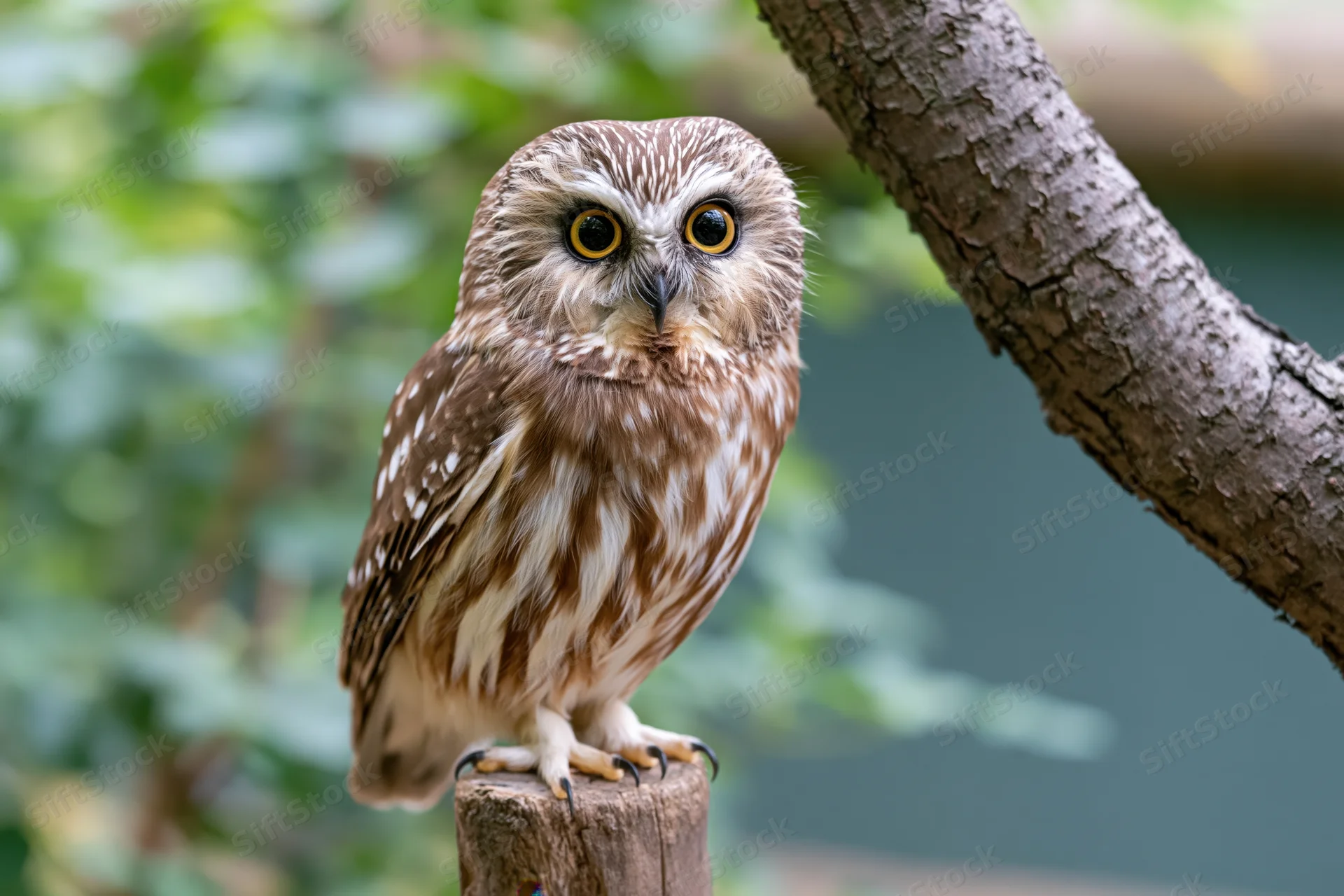 Northern sawwhet owl perched upright on a wooden stump in a forest setting