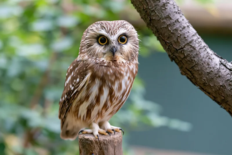 Northern sawwhet owl perched upright on a wooden stump in a forest setting