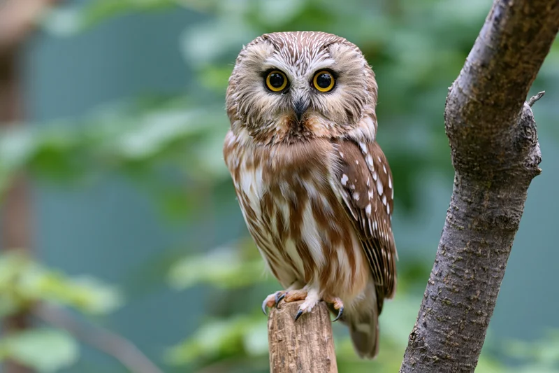 Northern saw-whet owl perched upright on a wooden branch in a forest setting