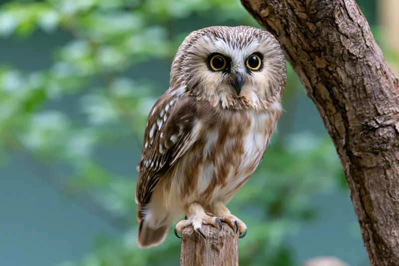 Northern sawwhet owl perched upright on a wooden post beside a tree trunk in a forest setting