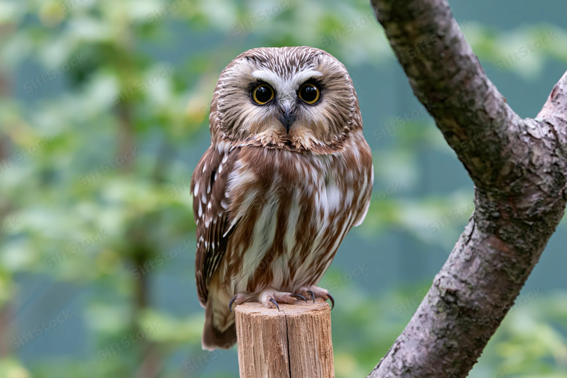 Northern saw-whet owl perched upright on a wooden post beside a tree branch in a forest setting