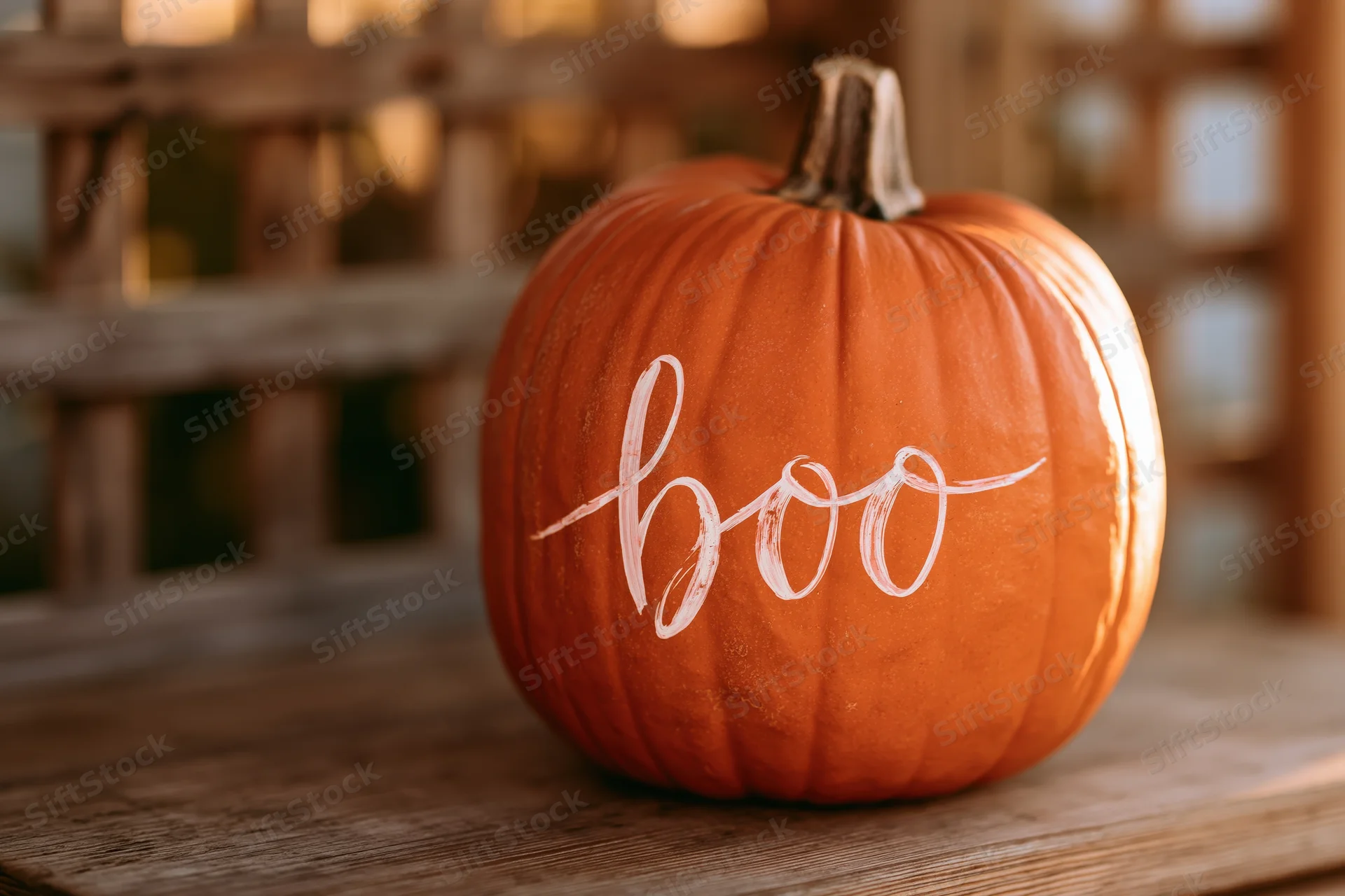 Small orange pumpkin with white hand-lettered script reading boo on wooden surface outdoors