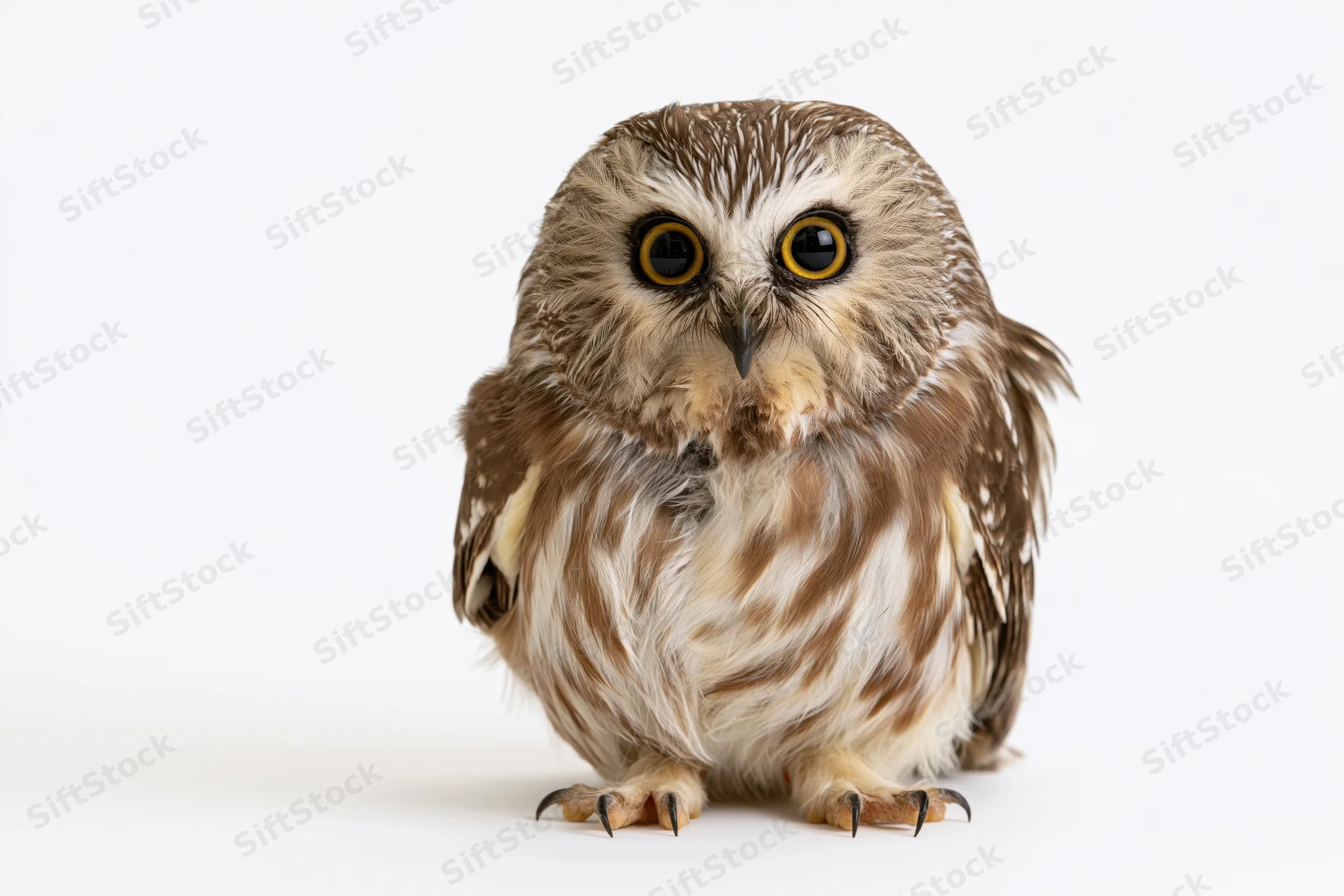 Small saw-whet owl perched facing forward staring directly at camera on white background