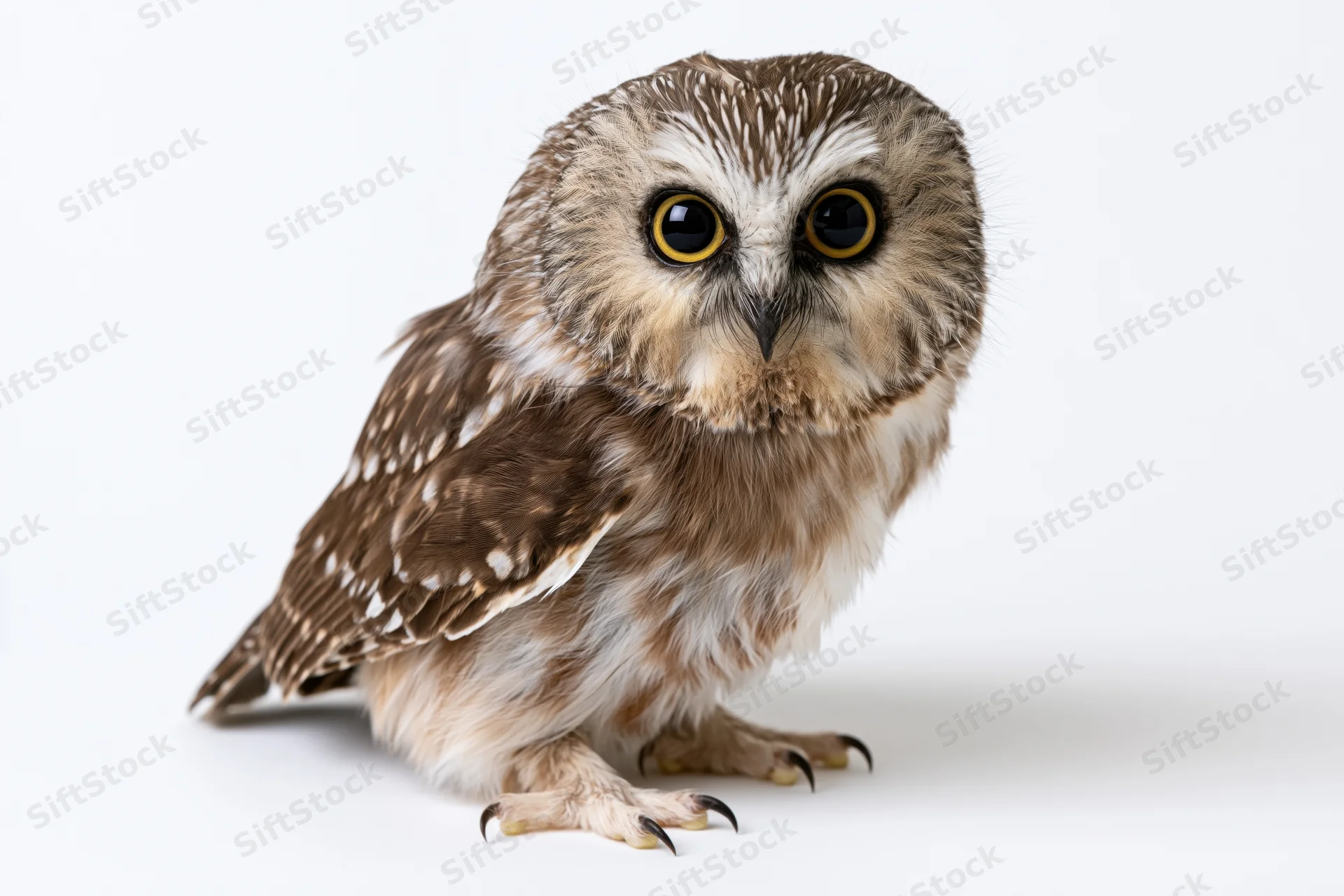 Small saw-whet owl perched facing forward staring directly at camera on white background