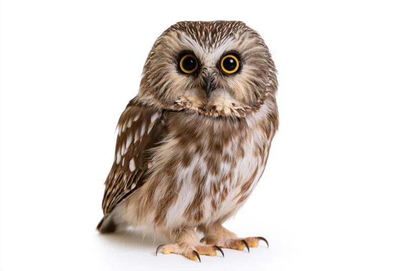 Small saw-whet owl perched facing forward staring directly at camera on white background