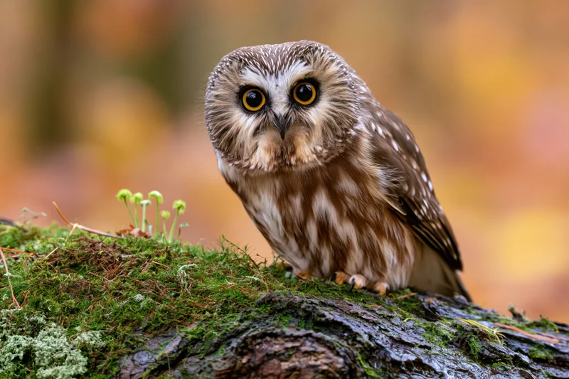 Small saw-whet owl perched on moss-covered log in autumn forest