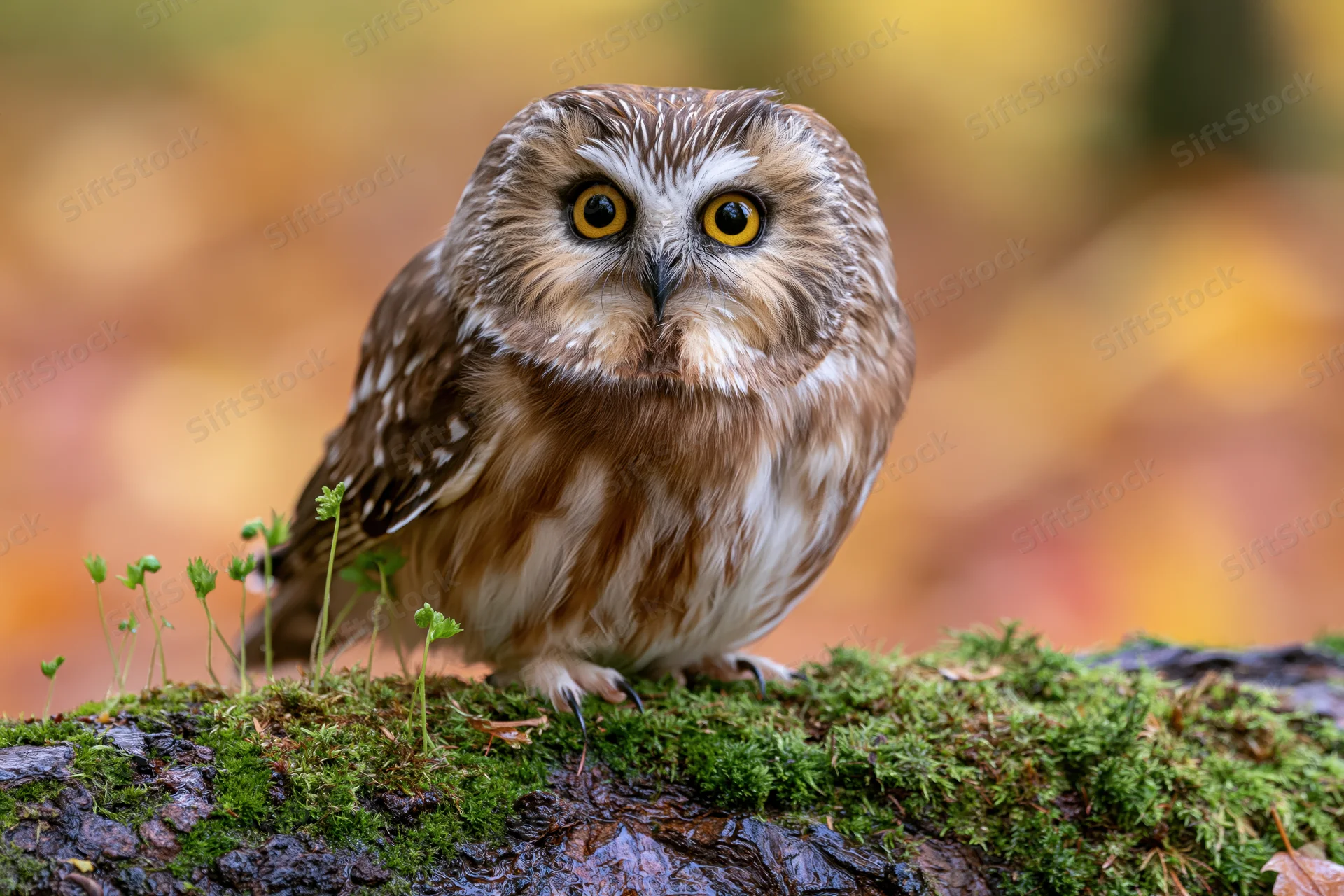 Small saw-whet owl perched on moss-covered log in autumn forest