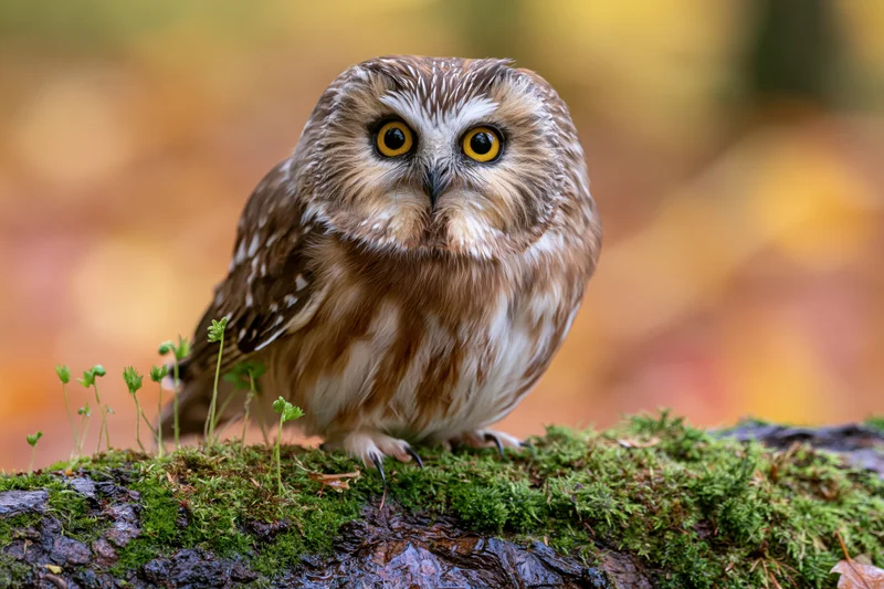 Small saw-whet owl perched on moss-covered log in autumn forest