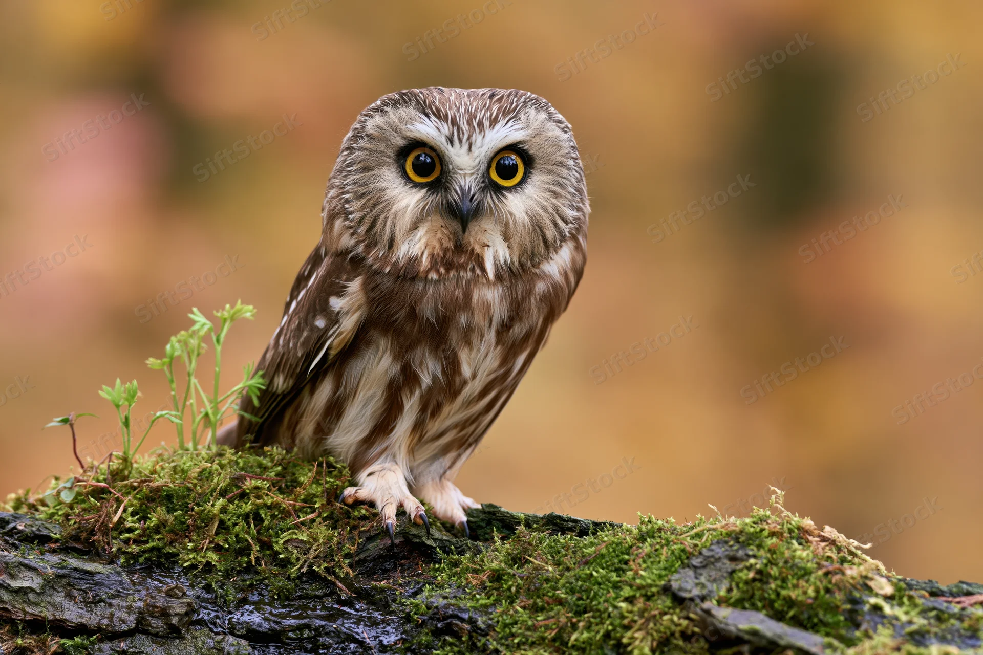 Small saw-whet owl perched on moss-covered log in forest setting