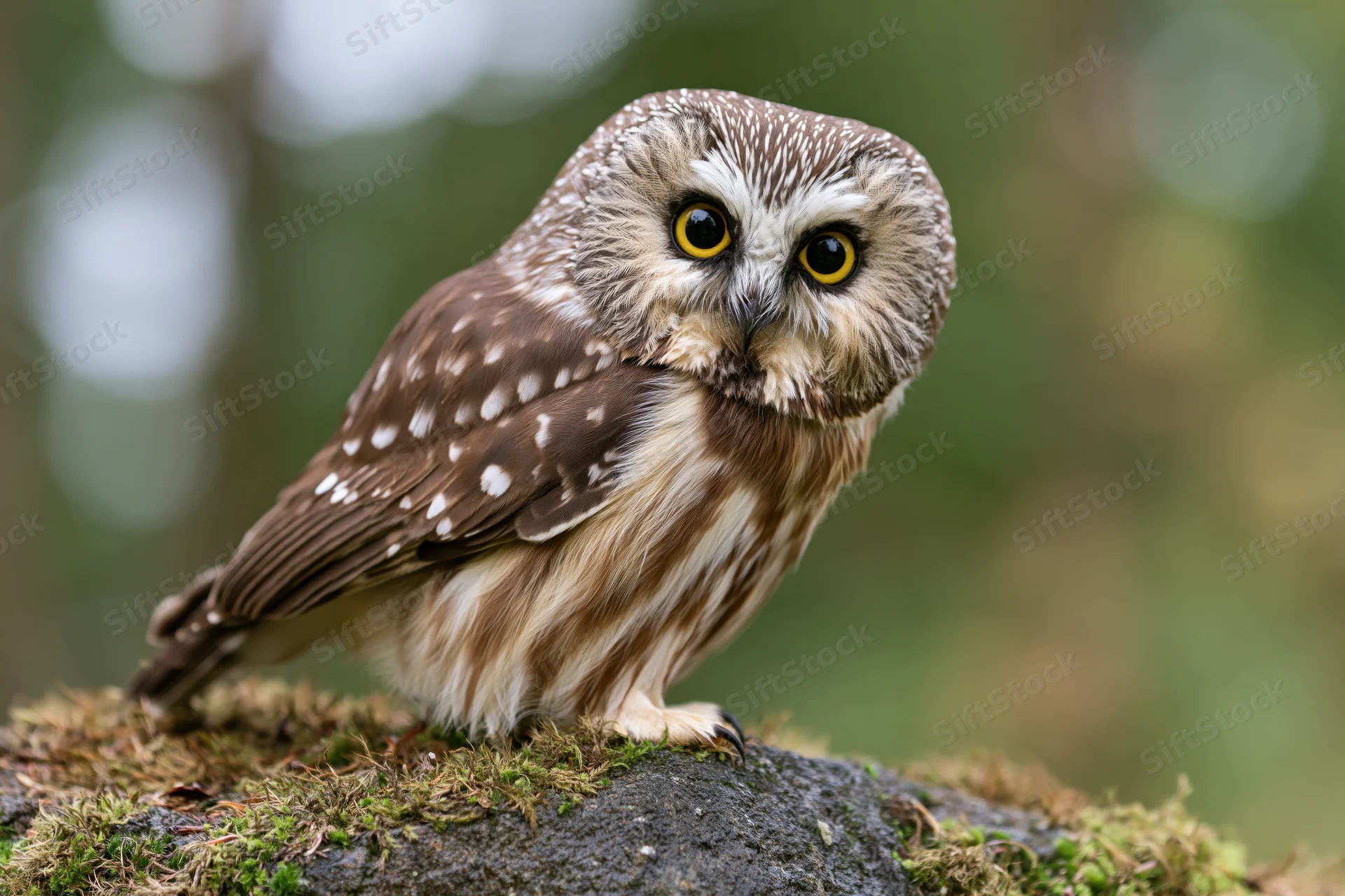 Small saw-whet owl perched on moss-covered rock in forest setting
