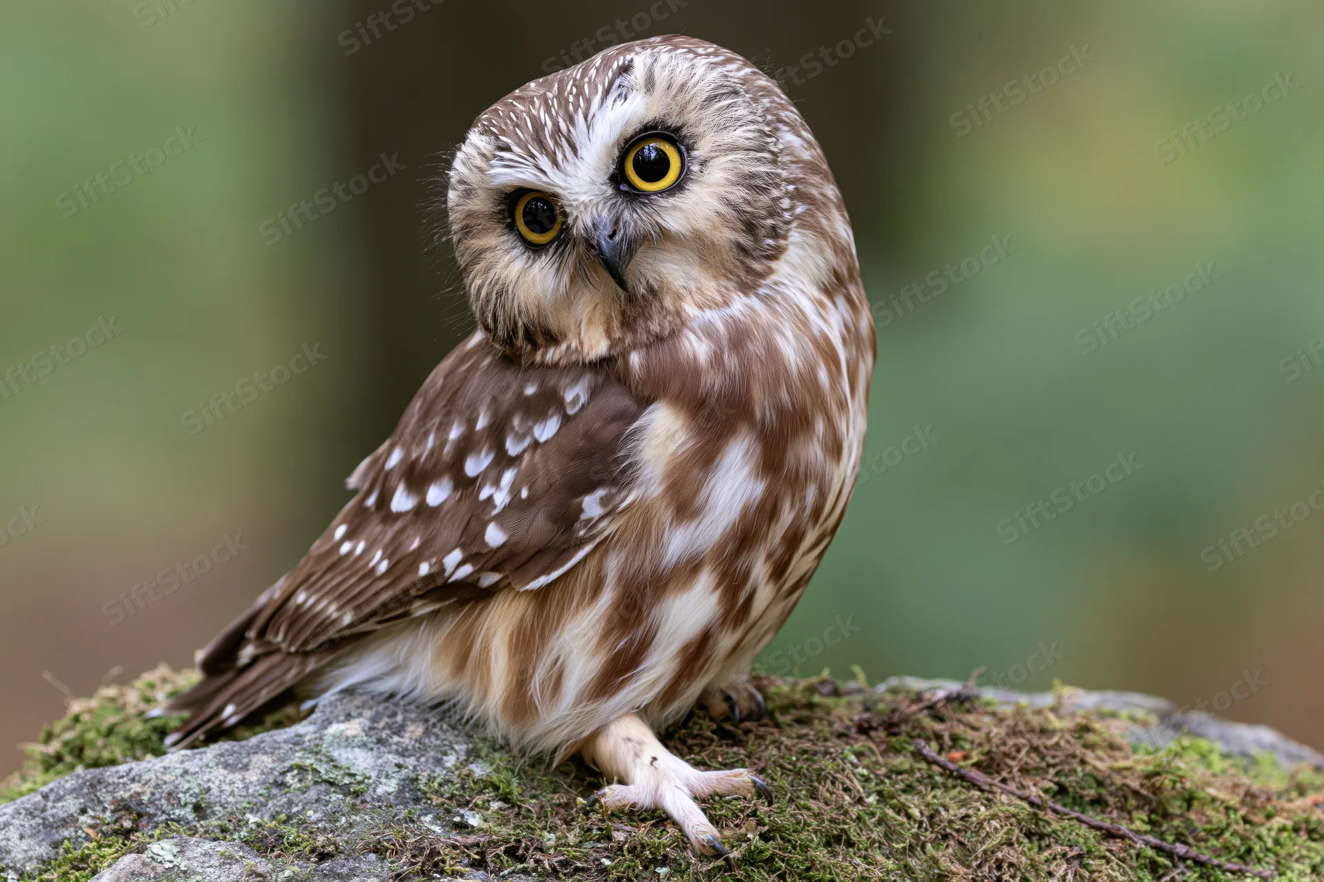 Small saw-whet owl perched on moss-covered rock in forest setting