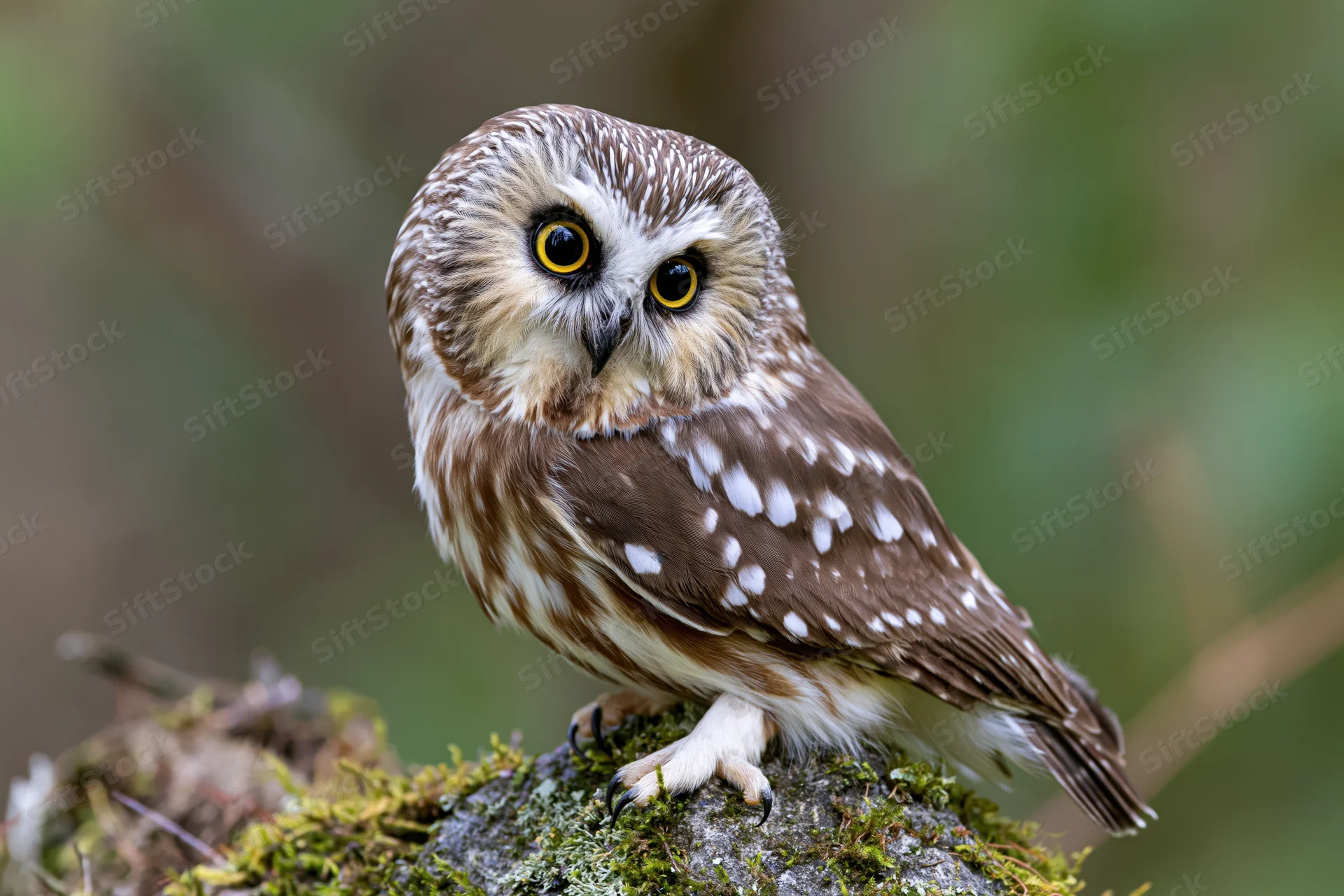 Small saw-whet owl perched on moss-covered rock in forest setting
