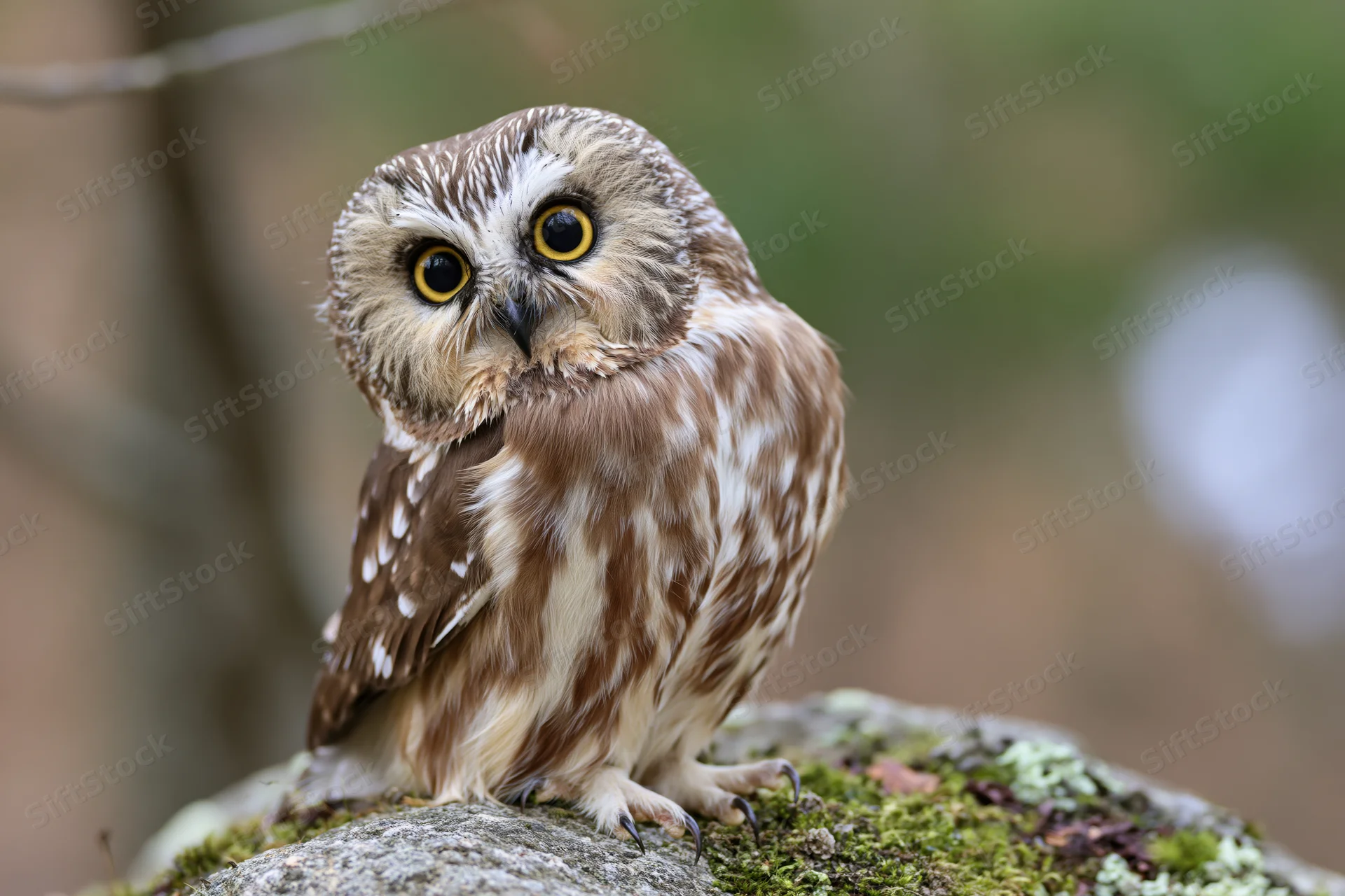 Small saw-whet owl perched on moss-covered rock in forest setting