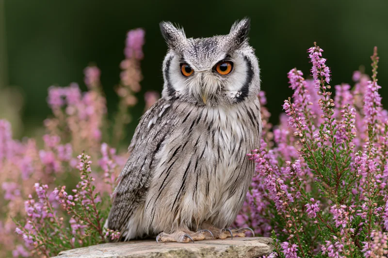 White-faced scops owl perched upright on a flat stone surrounded by pink heather flowers