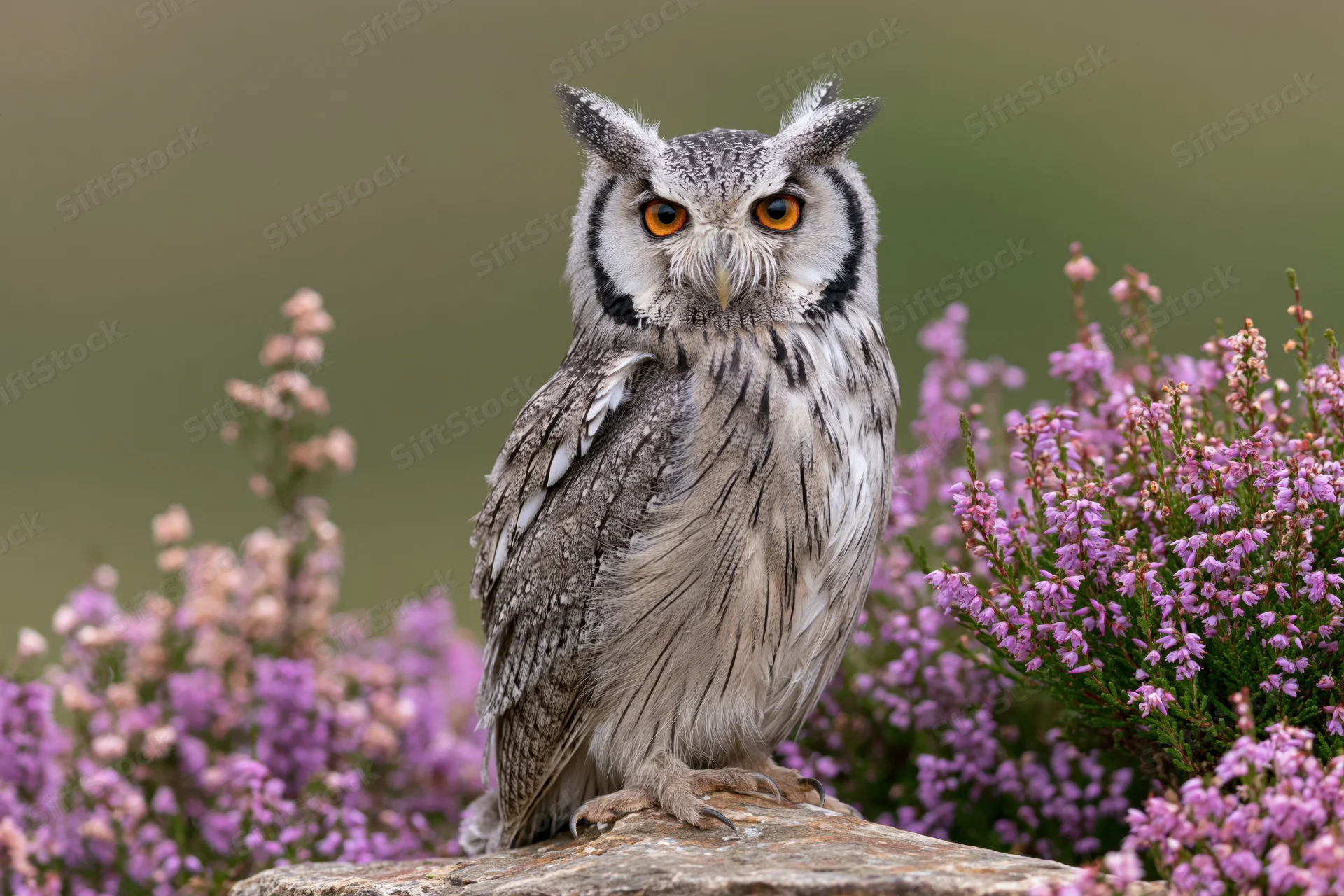 White-faced scops owl perched upright on a flat stone among purple heather flowers