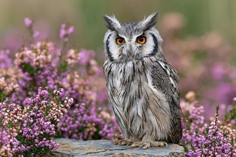 Small owl perched upright on a flat stone surrounded by blooming heather flowers