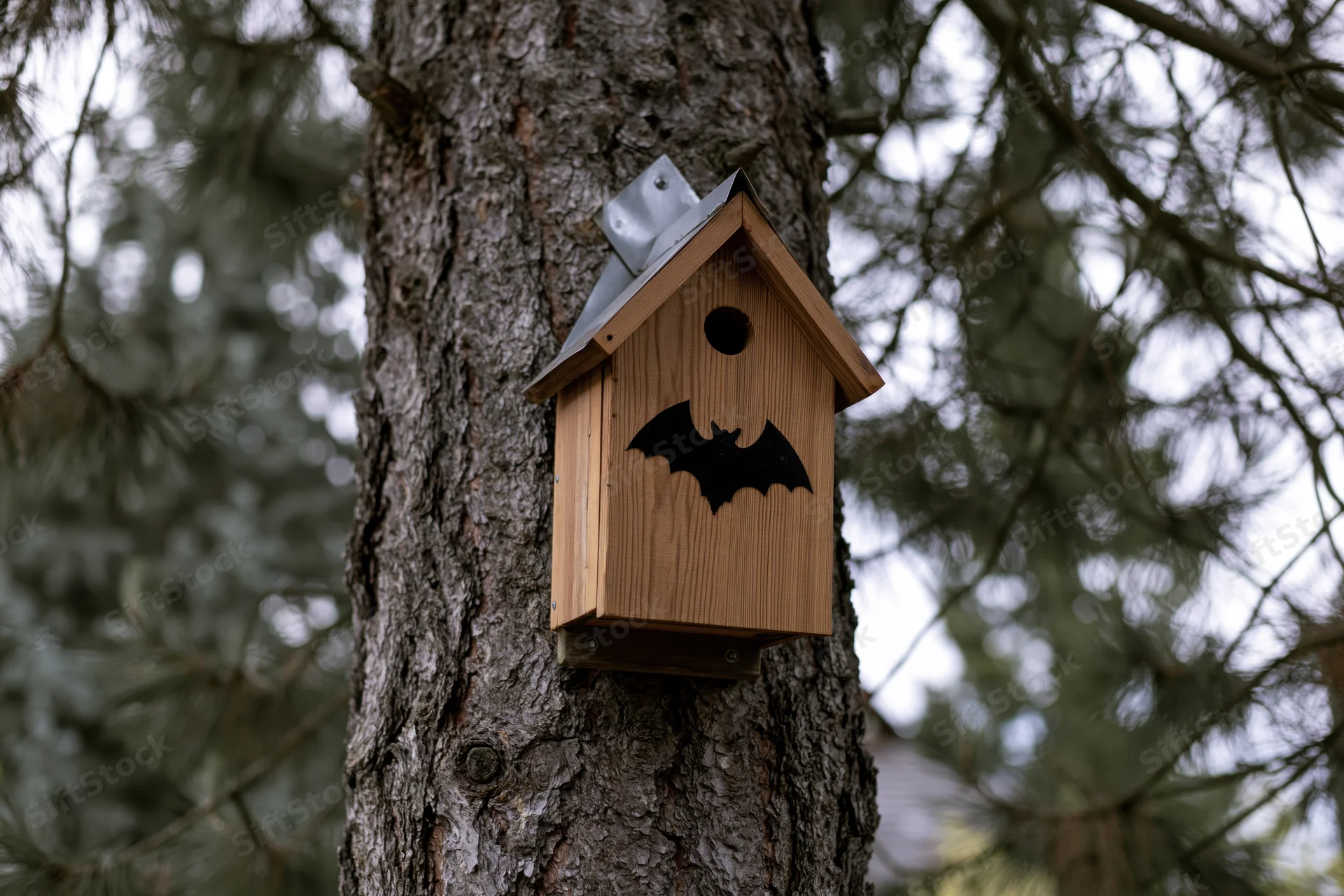 Wooden bat house mounted on a rough-barked pine tree in a forest setting