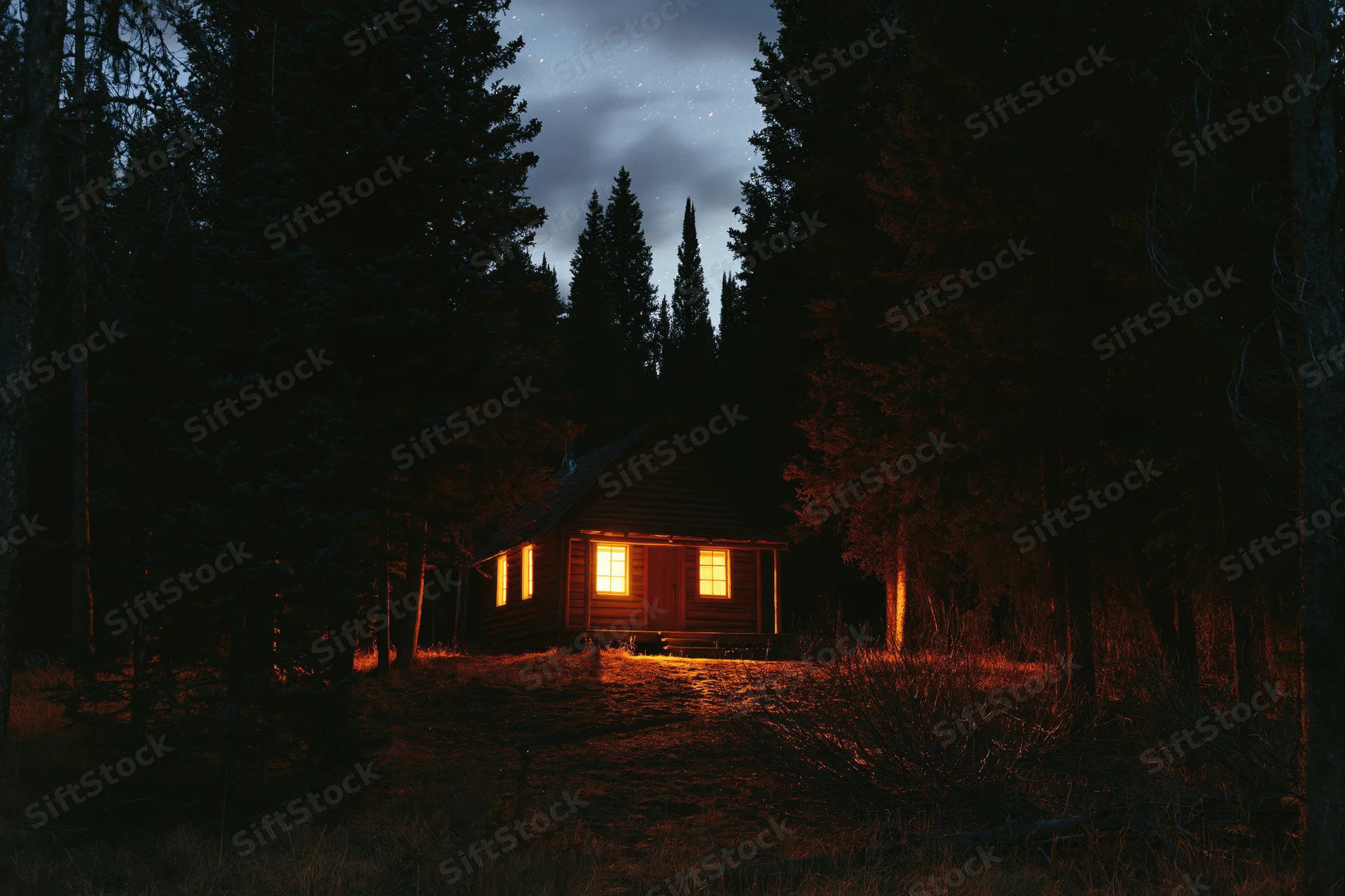 Small wooden cabin glowing warmly at night in a dense conifer forest