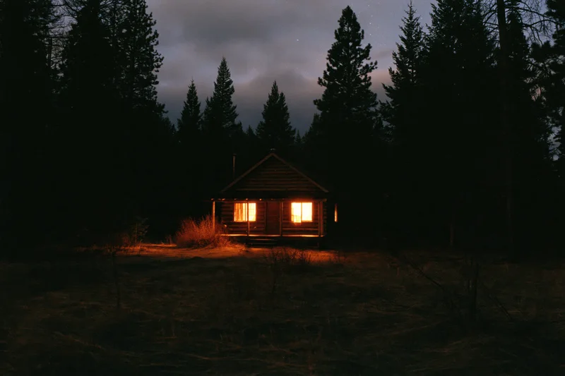 Small wooden cabin illuminated at night in a dense conifer forest