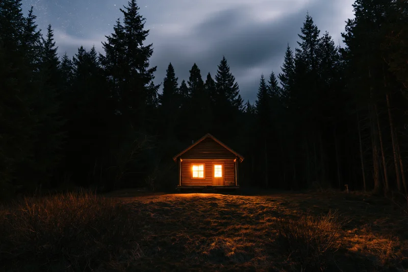 Small wooden cabin illuminated at night in a dense conifer forest