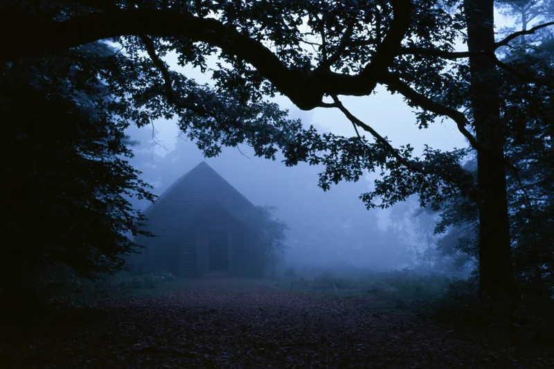 Small wooden chapel half-hidden in dense forest fog at dusk