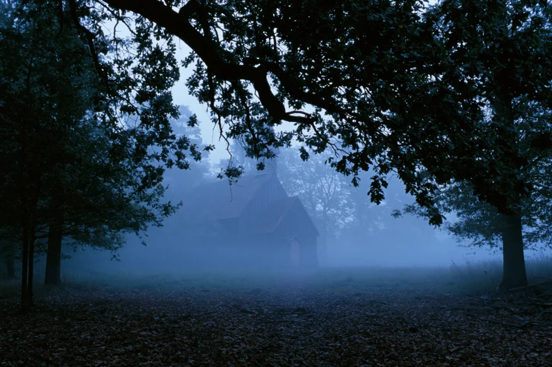 Small wooden chapel half-hidden in dense forest fog at dusk