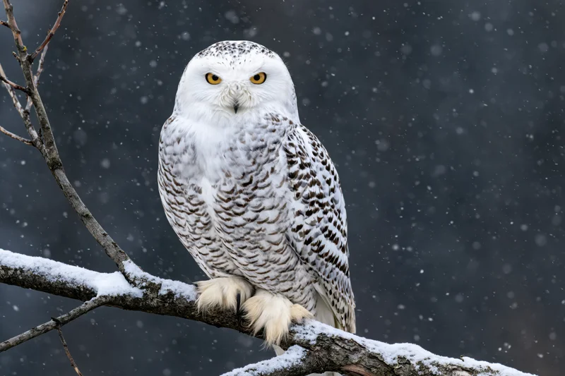Snowy owl perched on snow-dusted bare branch in snowy forest