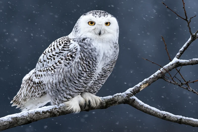 Snowy owl perched on snow-dusted branch in falling snow
