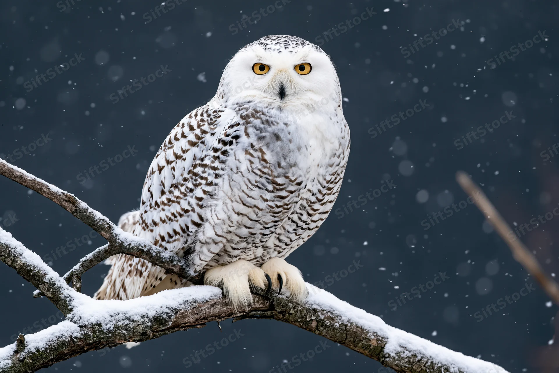 Snowy owl perched on snow-dusted branch in winter forest