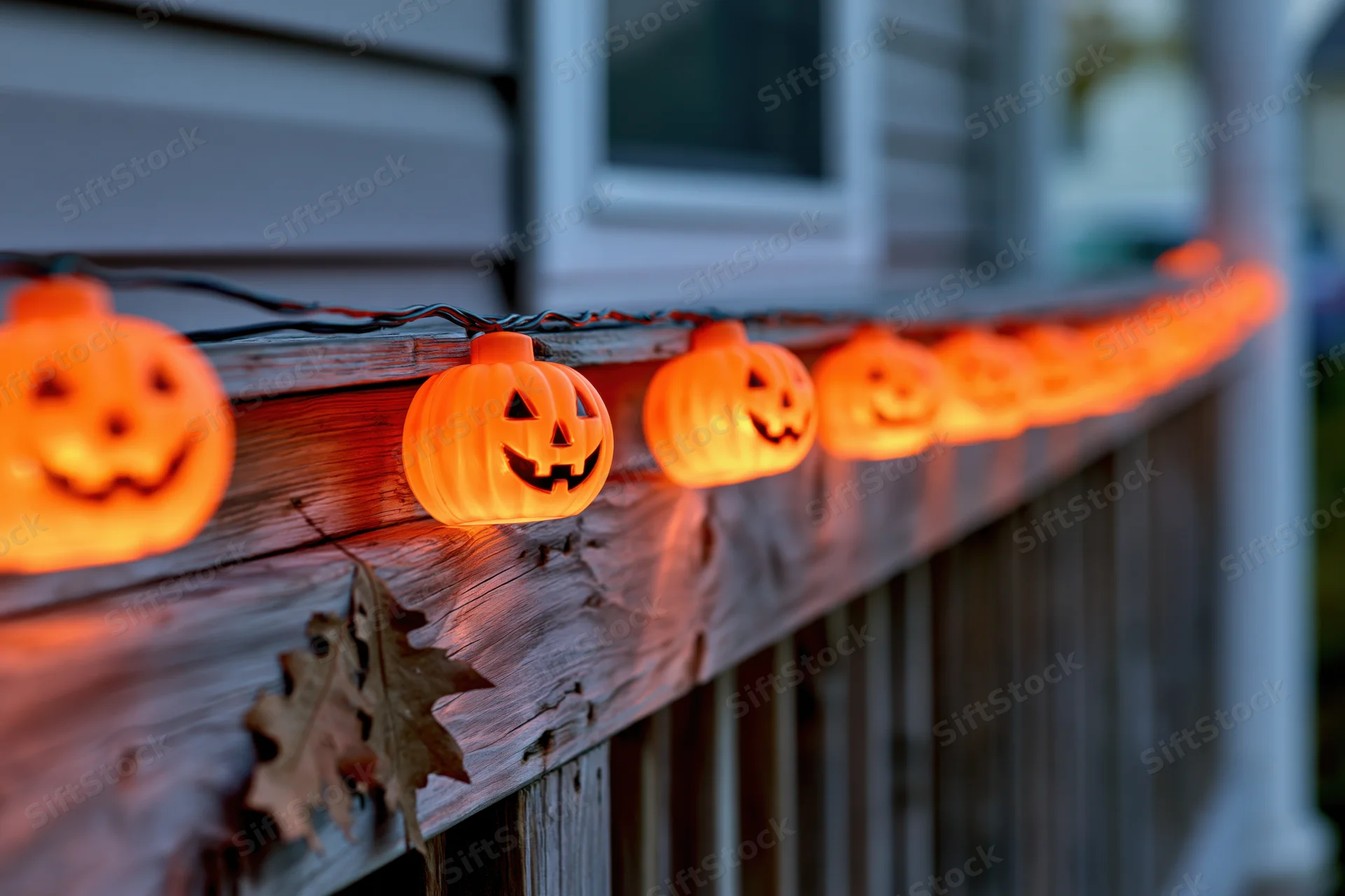 String of glowing plastic jack-o-lantern lights along wooden porch railing at twilight