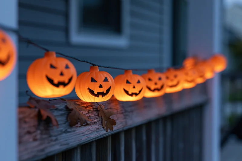 String of glowing plastic jack-o-lantern lights arranged along a wooden porch railing at twilight