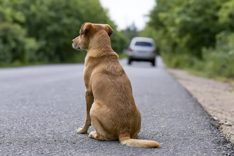 Tan dog sitting alone on narrow asphalt road watching car in distance