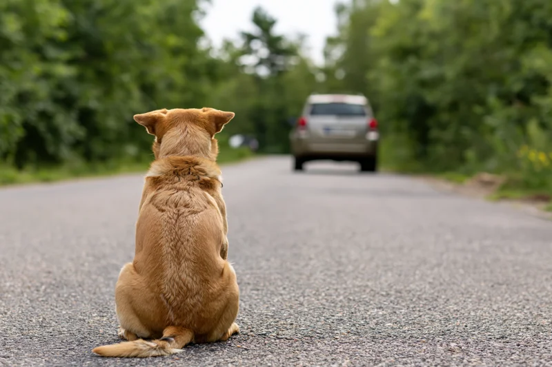 Tan dog sitting alone on narrow asphalt road facing away from camera with car in distance
