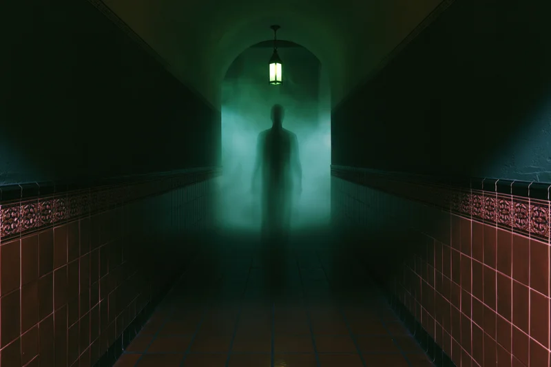 Translucent ghostly human silhouette standing in a foggy dimly lit hallway with green lantern light