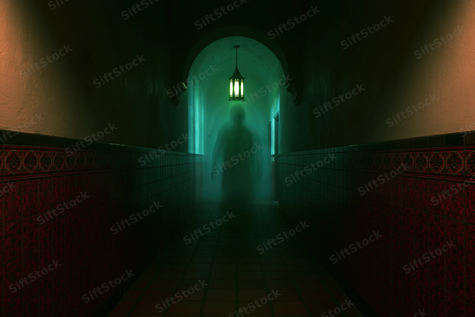 Translucent ghostly silhouette standing in a dimly lit tiled hallway under a glowing lantern