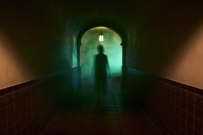 Translucent ghostly silhouette standing in a foggy dimly lit arched tunnel with tiled walls and hanging lantern