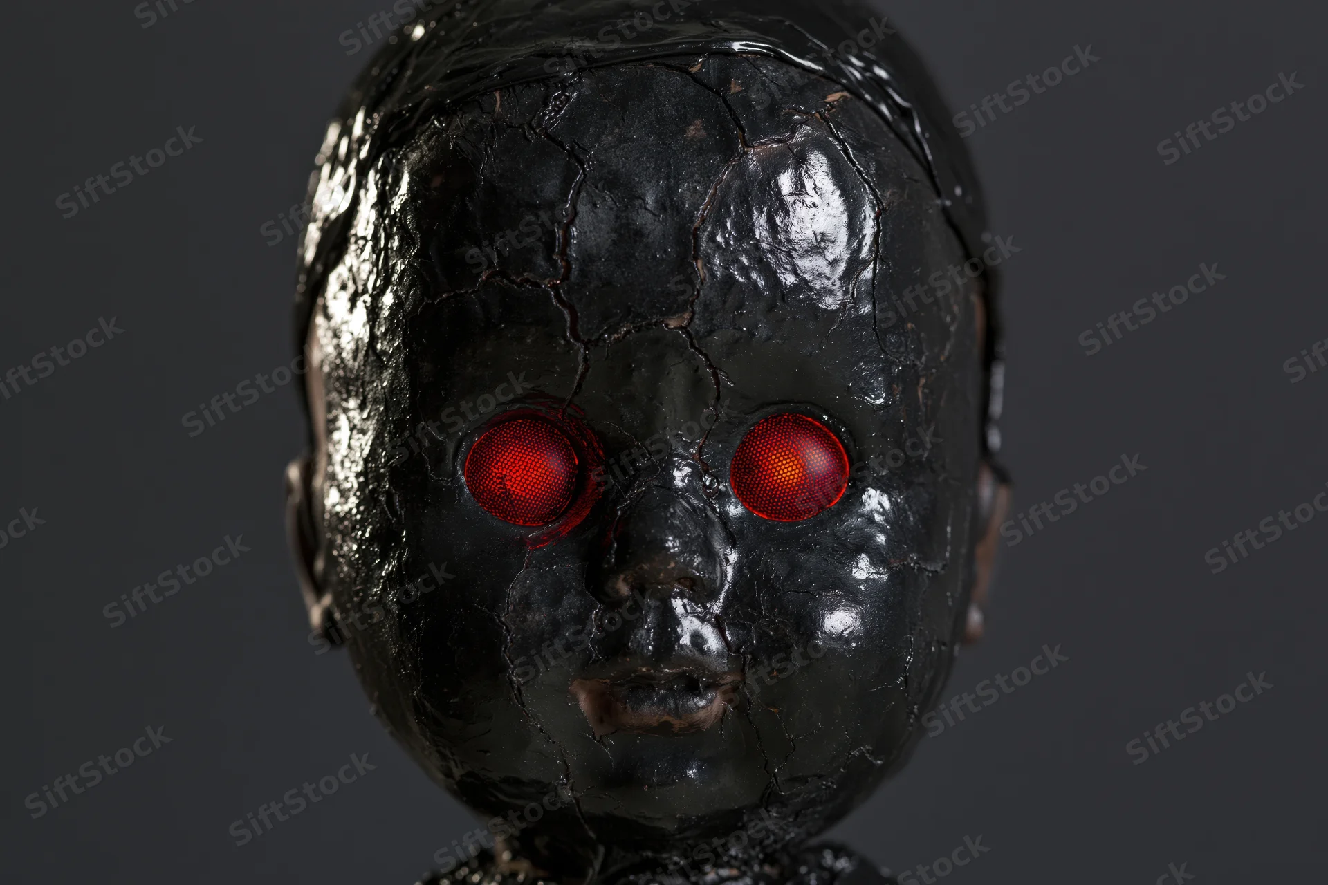 Weathered doll head with cracked black tar coating and glowing red eyes against dark background