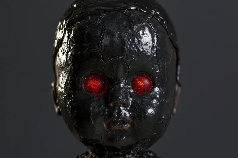 Weathered doll head with cracked black tar coating and glowing red eyes against dark background