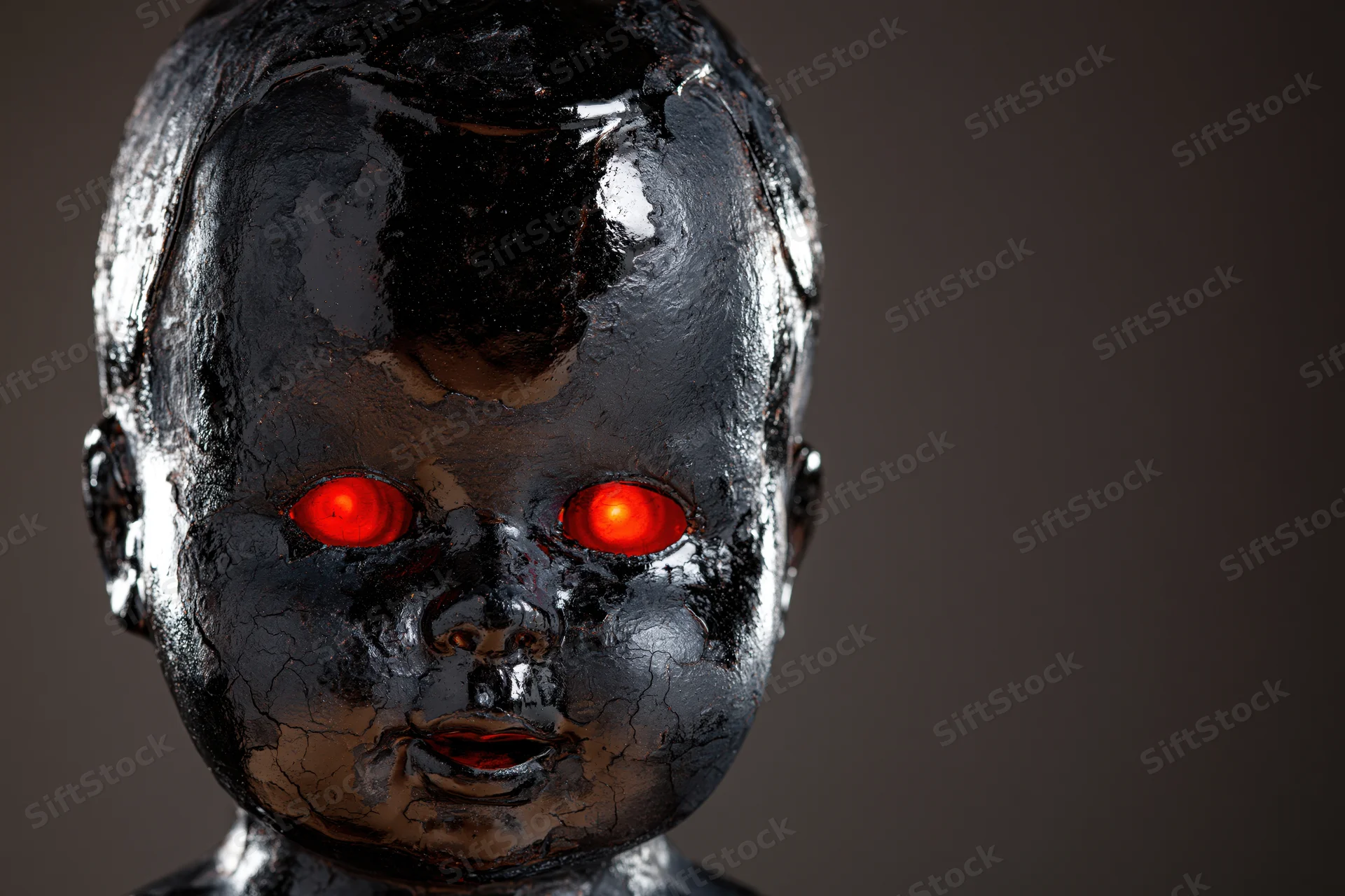 Weathered baby doll head coated in thick black tar with glowing red eyes against dark background