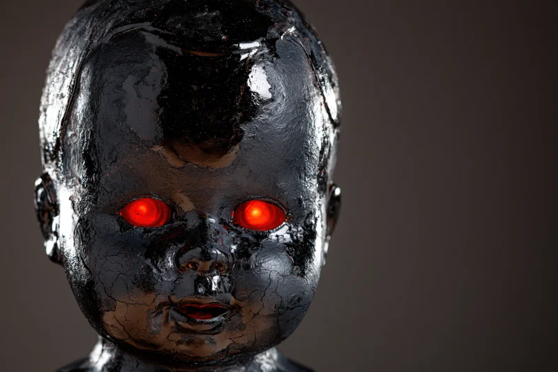 Weathered baby doll head coated in thick black tar with glowing red eyes against dark background