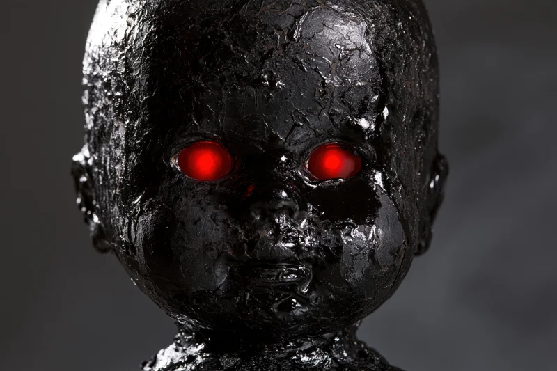 Closeup of a weathered baby doll head coated in black tar with glowing red eyes against a dark background