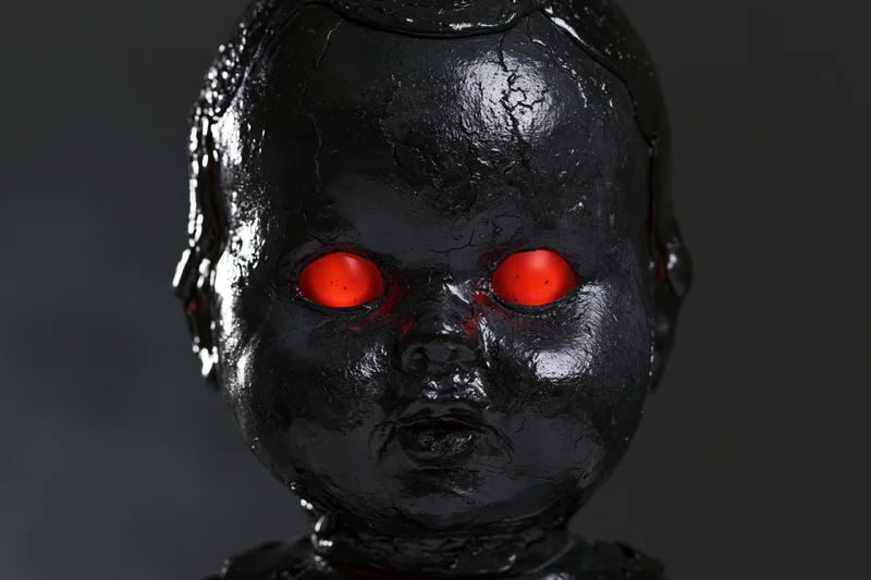 Closeup of a weathered baby doll head coated in thick black tar-like substance with glowing red eyes against a dark background