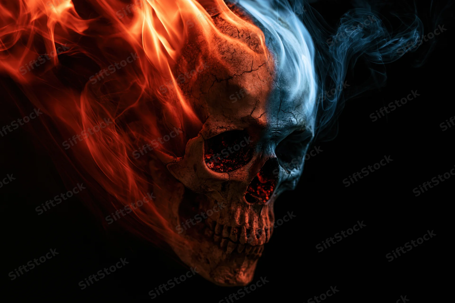 Weathered human skull half-burning with orange flames and blue smoke against black background