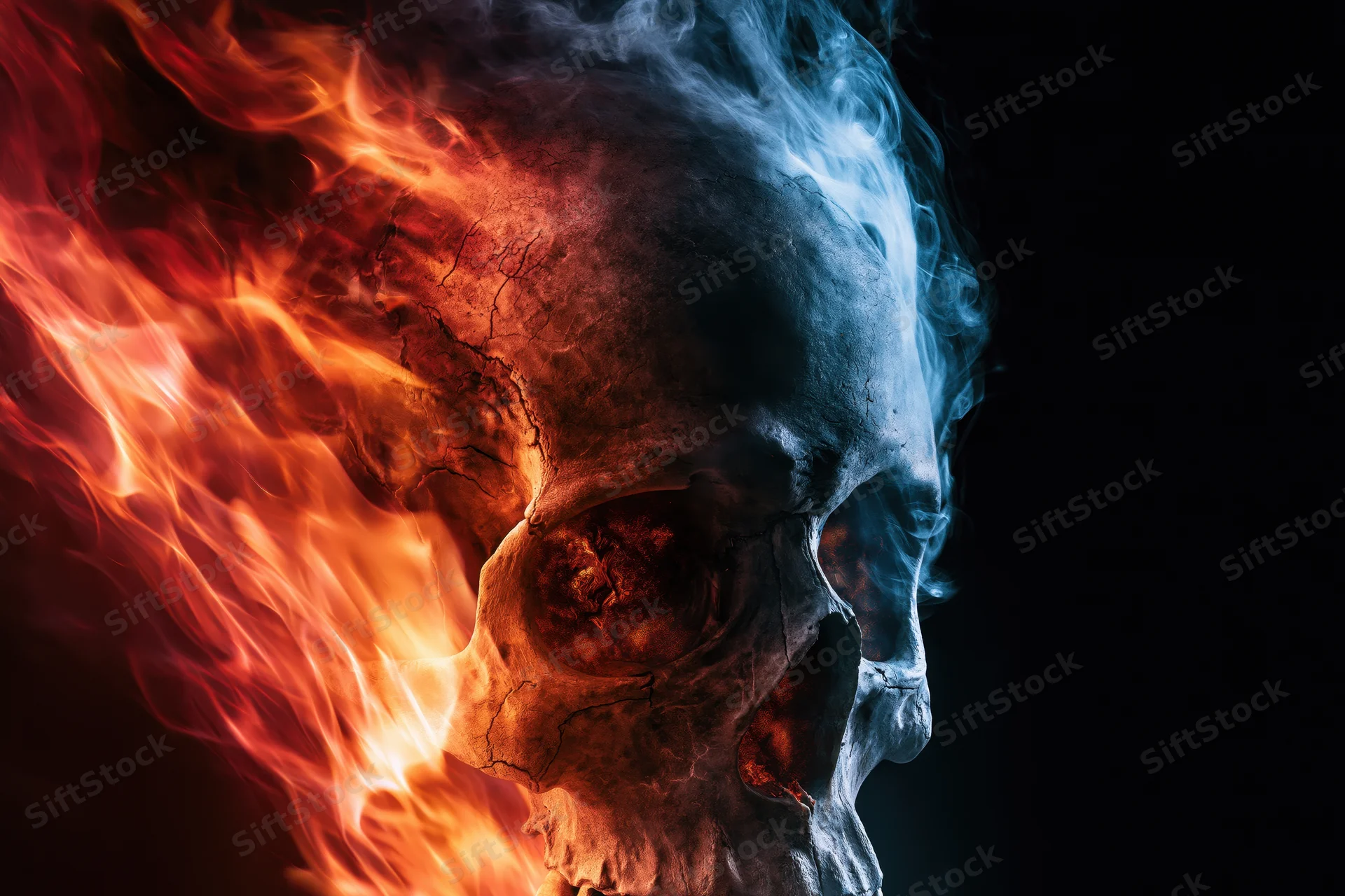 Weathered human skull in profile half-consumed by orange-red flames and blue smoke against black background