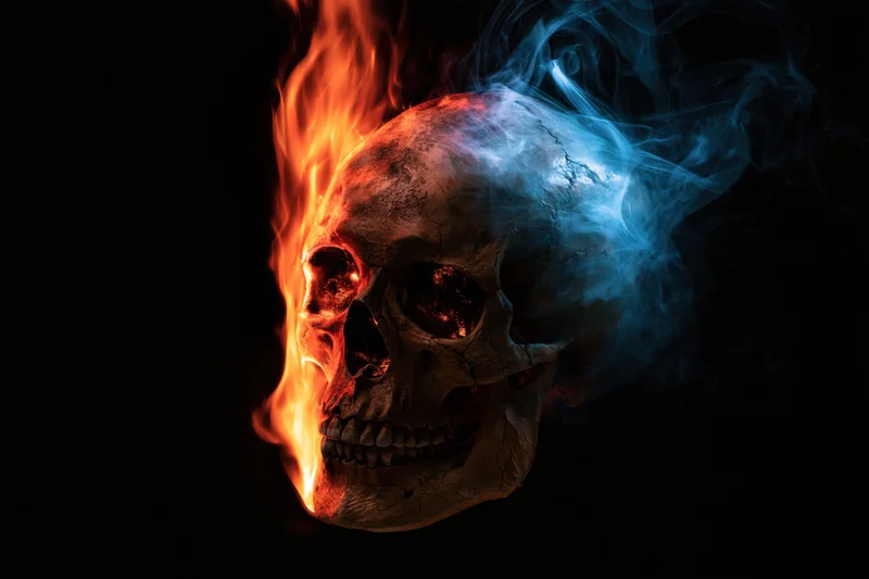 Weathered human skull half-consumed by orange flames and blue smoke against black background