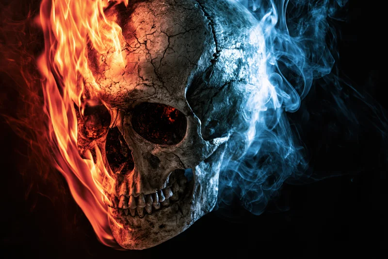 Weathered human skull half-illuminated by orange flames and blue smoke against dark background