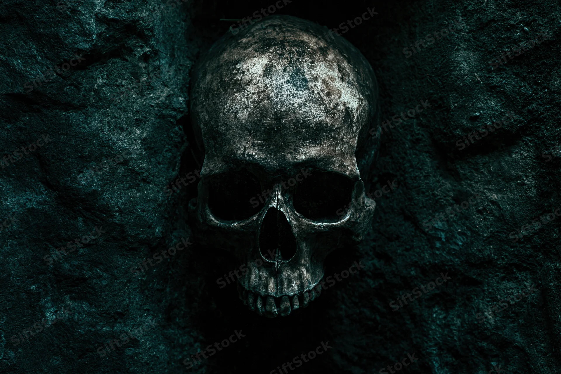 Weathered human skull resting against rough stone wall in dark cave