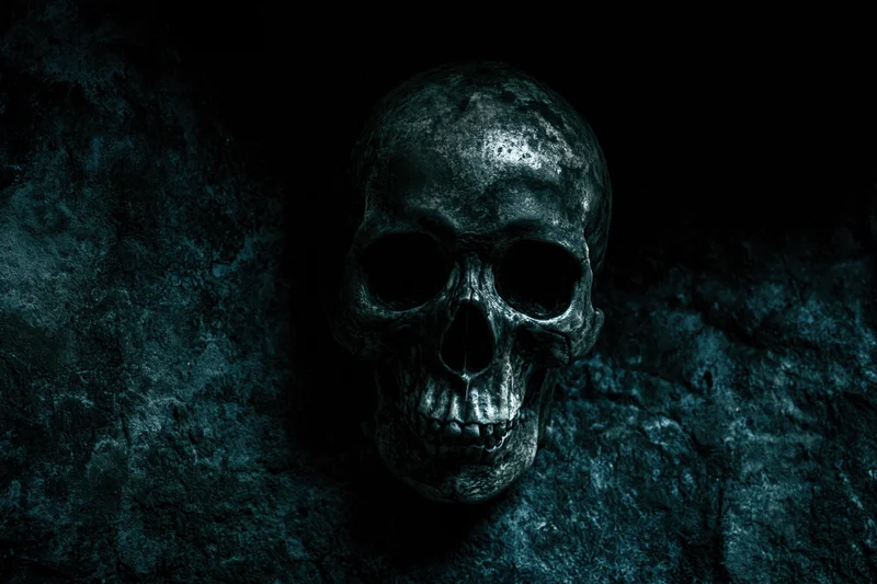 Weathered human skull resting against rough stone wall in dark dimly lit setting