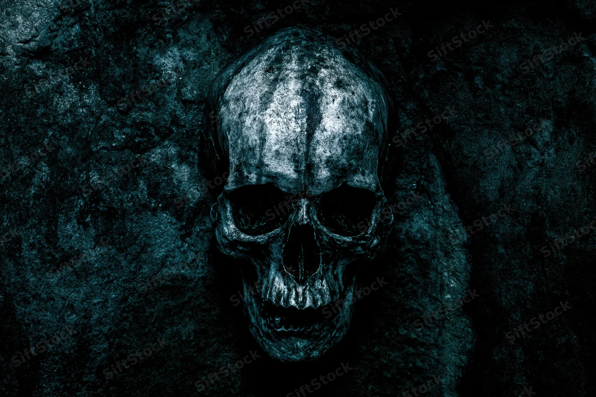 Weathered human skull resting against a rough stone wall in dim blue light