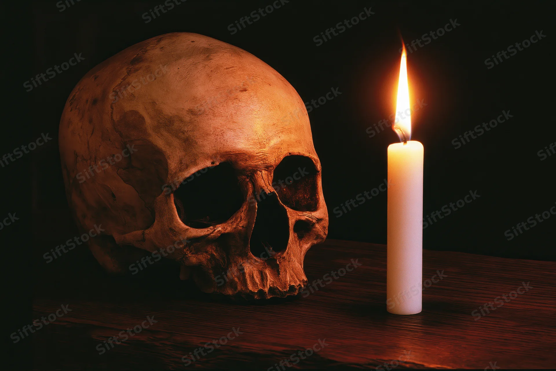 Weathered human skull beside a lit candle on dark wooden surface